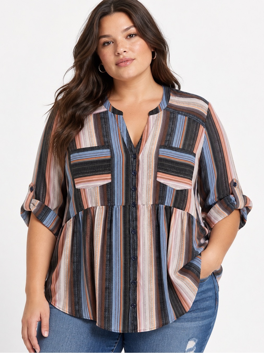 Torrid 3X Striped Babydoll Button Front Blouse Roll Tab Sleeve Plus Size